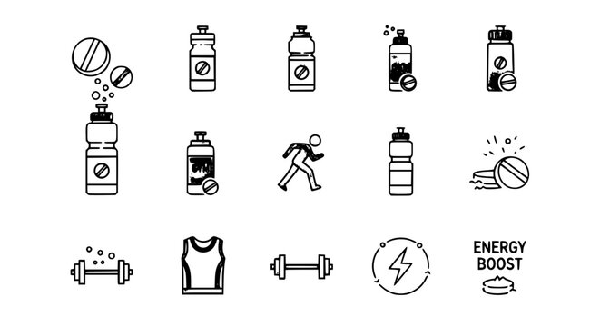 Sports nutrition and fitness line icon set featuring energy boost supplements, protein shakers, water bottles, dumbbells, gym wear, and running symbols for athletic training designs.
