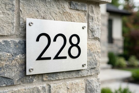 Modern silver address plaque with numbers on stone wall