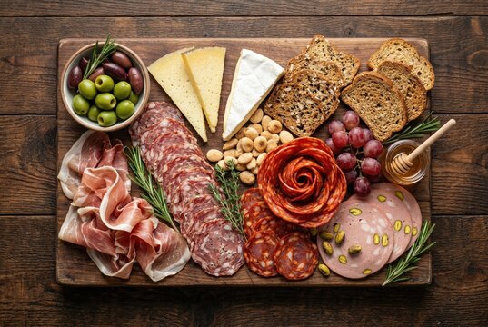 Gourmet charcuterie board with cured meats cheeses olives and crackers on a wooden table