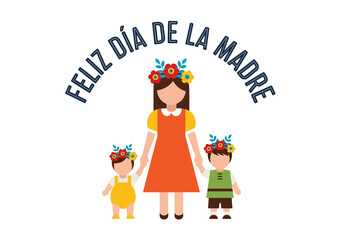 Fototapeta premium Feliz Día de la Madre Flat Vector Illustration of a Mother with her Children Wearing Flower Crowns on White Background