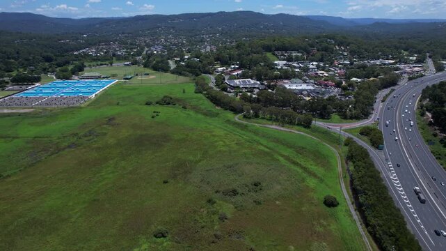 Netball Facility At Firth Park Along The Pacific Motorway In Robina, QLD, Australia. Aerial Drone Shot