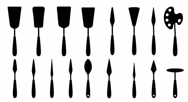 Painter's tools silhouettes various brushes and scrapers for art black icons on white background