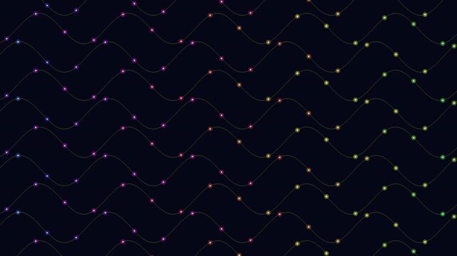Seamless abstract animation of glowing dotted sine waves in green to purple gradient on a dark background, ideal for technology, data, and futuristic motion design
