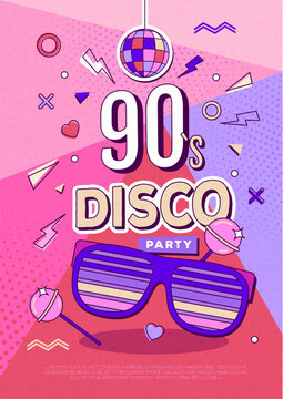 Retro disco party poster or banner of 80s-90s with disco ball, eyeglasses and chupa chups. Vector illustration