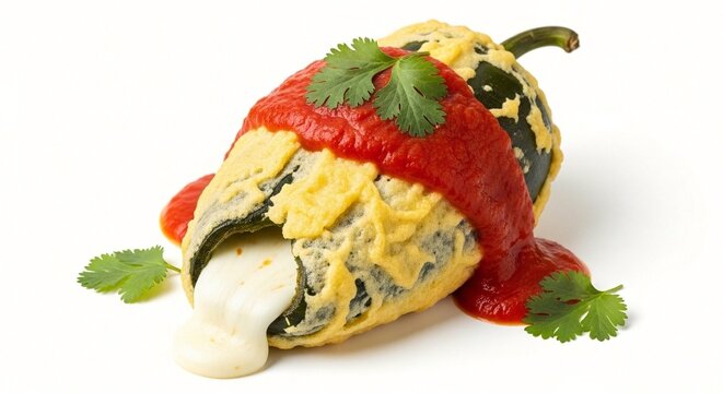 A delicious stuffed poblano pepper with melted cheese and fresh cilantro on a white background
