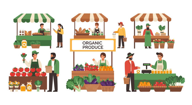 Farmers Market Scene: Diverse Stalls with Fresh Produce, Vendors, and Shoppers