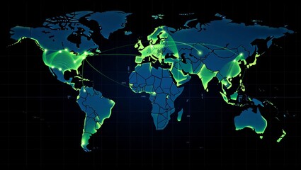 Obraz premium World map with green glowing connections highlighting global communication and technological links.