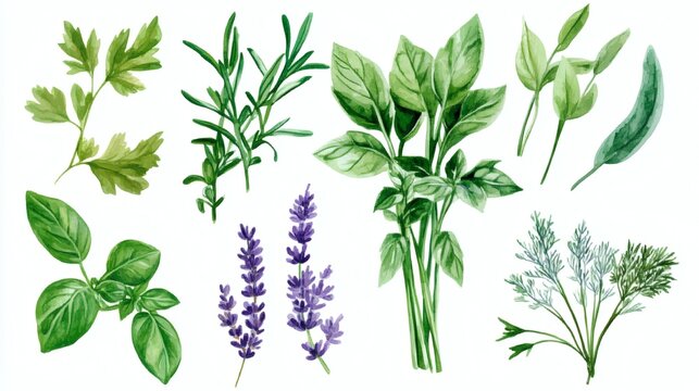 Watercolor illustrations of various fresh herbs and sprigs on white background