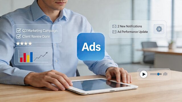Businessman using tablet managing online advertising campaigns with digital interface overlay marketing analytics dashboard social media promotion strategy modern office
