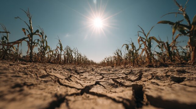 Drought-stricken cornfield under intense sun with cracked earth
