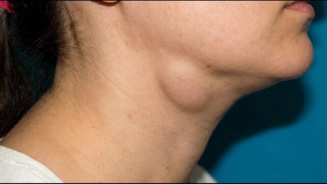 Adult individual experiencing visibly enlarged lymph nodes, significant swelling of the cervical glands, symptom of an underlying medical health condition affecting the human neck