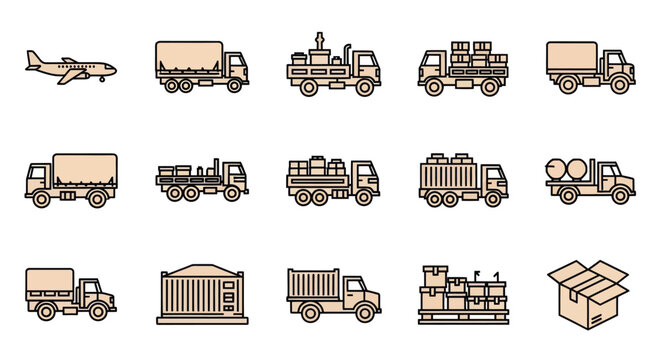 Logistics and Delivery Icons: Trucks, Airplane, Cargo Containers, Boxes