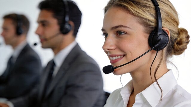 Business call center staff wearing headsets smiling customer service representative in uniform professional office workers providing support