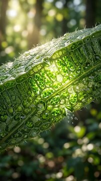 Leaf cell structure transforming sunlight energy, water, carbon dioxide into oxygen, glucose molecule, powering plant metabolism, essential biological process, green nature.