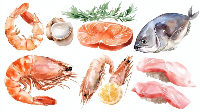 Watercolor illustration of various seafood items on white background, including shrimp, prawns, salmon steak, whole fish, sushi nigiri, shell and lemon slice