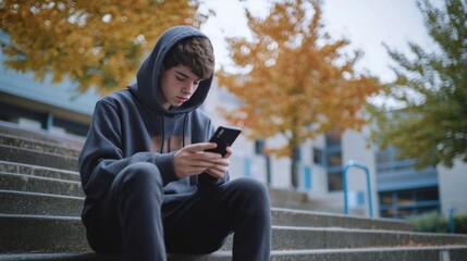 Fototapeta premium Teenager engrossed in smartphone on outdoor steps.