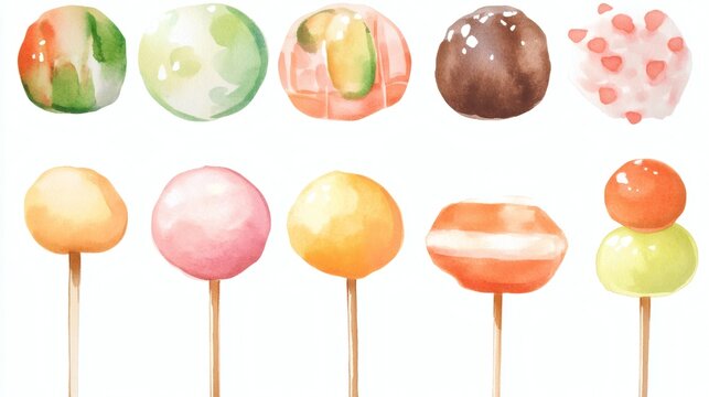 Watercolor illustration of colorful dango skewers arranged side by side on white background