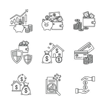 A collection of line art icons illustrating various financial concepts including savings, investment, property, banking, security, and transactions.