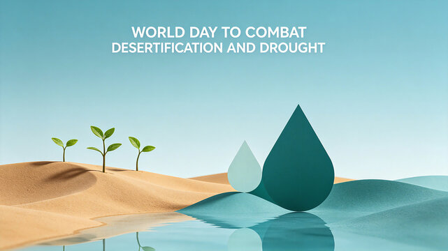 Desert seedlings and water droplet silhouette, representing the hope of preventing desertification and drought, suitable for environmental public welfare propaganda posters
