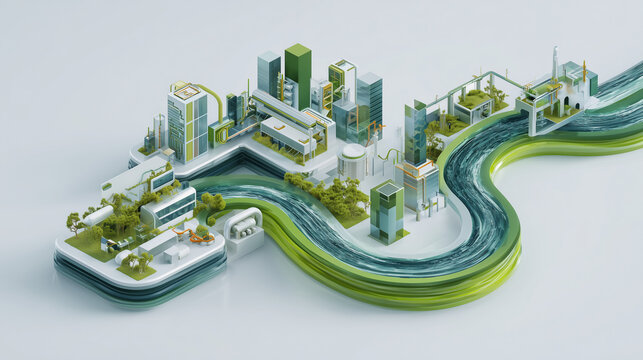 sustainable semiconductor manufacturing concept with green energy flow, futuristic eco-friendly industrial park isometric illustration, circular economy in smart microchip production facility