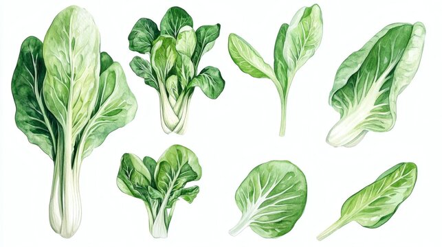 Assorted watercolor bok choy leaves and small heads on white background