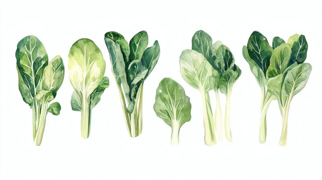 Assorted watercolor bok choy leaves and small heads on white background