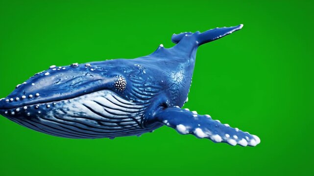 A detailed 3D animated blue whale with white markings swims and rotates against a solid green screen. Ideal for compositing and educational projects.