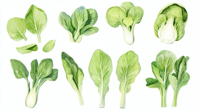 Assorted watercolor bok choy leaves and small heads on white background