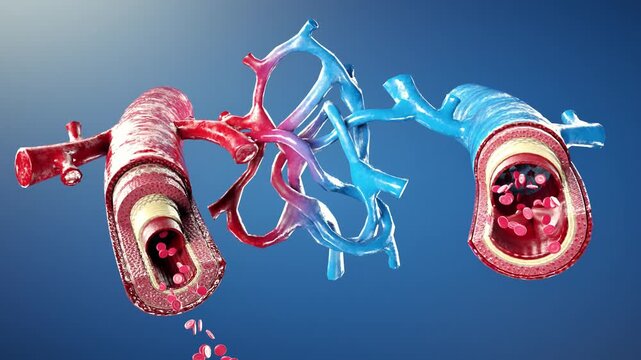 Cross Section of Human Blood Vessels Arteries and Veins with Red and Blue Blood Cells, Illustrating Circulatory System and Vessel Structure Differences in Wall Thickness and Color