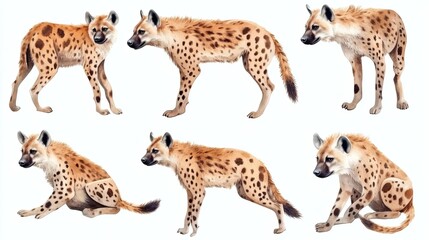 Obraz premium Watercolor studies of hyenas in various poses on white background, naturalistic texture and warm tones