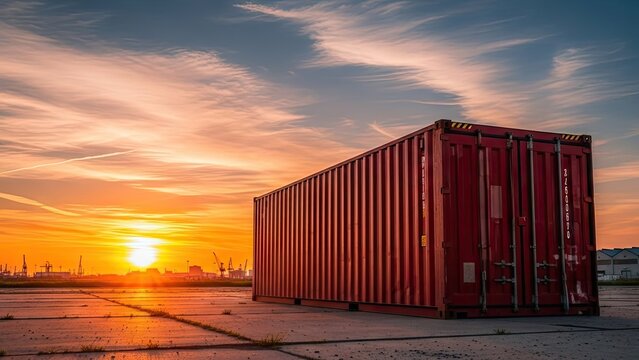 A red shipping container sits alone at sunset in an industrial area