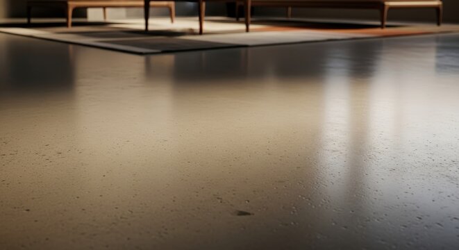 Polished concrete floor with a subtle sheen reflecting soft interior lighting and furniture shadows
