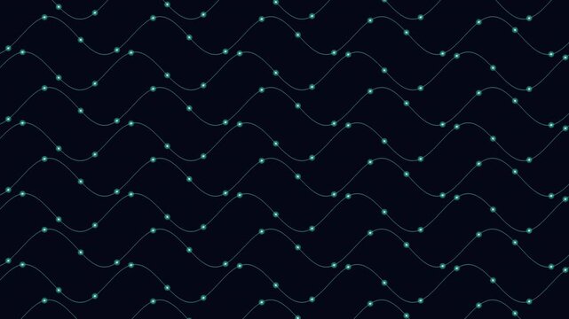 Seamless abstract footage of glowing sine waves with red connection nodes on a dark background, ideal for technology, data flow, network, and science visuals