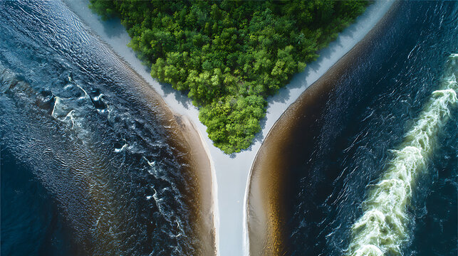 Aerial view of river confluence emphasizing speed, motion, and dynamic energy