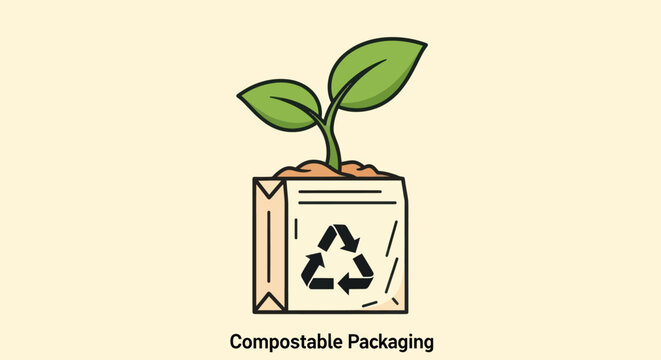 Compostable Packaging with Sprout Icon, Eco-friendly Material Concept