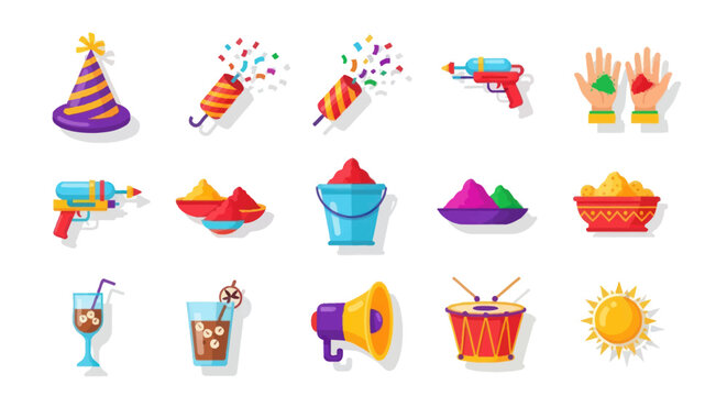 Holi festival icons: colors, water guns, party hat, confetti, drinks, sun