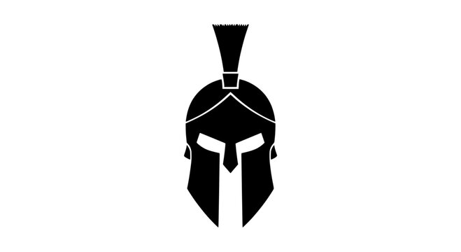 Helm soldier icon with Spartan-style crest and dark armor silhouette, minimalist vector emblem for medieval fantasy and gaming badges