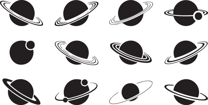 Collection of stylized planets with rings and moons.