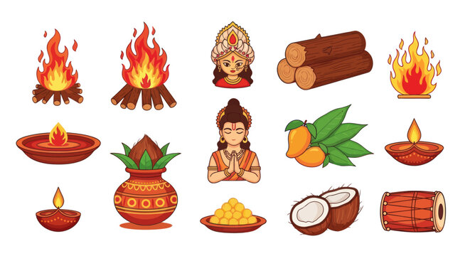 Diwali Festival Icons Set: Lamps, Fire, Goddess Lakshmi, Offerings, Drums, Coconuts, Mangoes