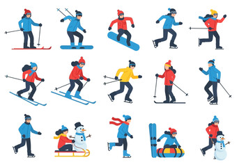 Fototapeta premium Winter Sports and Outdoor Activities Vector Illustration Set Featuring People Skiing, Snowboarding, Ice Skating, and Sledding