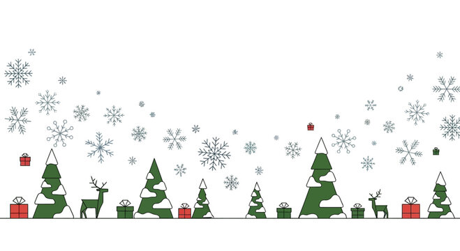 Winter Wonderland: Snowy Trees, Deer, and Gifts Border - Festive Christmas Illustration
