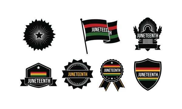 Juneteenth emblems collection vector, vintage celebration symbols and flags illustration.
