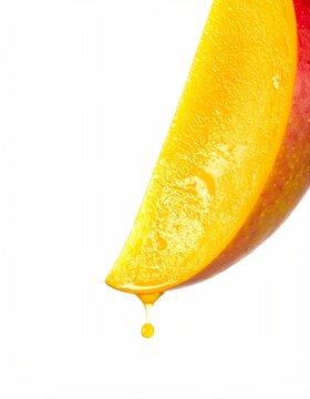 Fresh mango slice with juice drop on white background with copy space