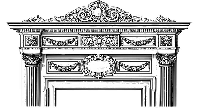 Facade building ornament illustration with ornate columns, decorative cornice and baroque filigree for architectural design and print