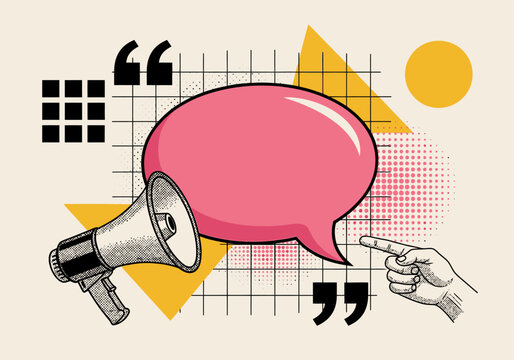 Retro Pop Art Megaphone and Speech Bubble Illustration with Pointing Hand - Vintage Comic Communication Concept