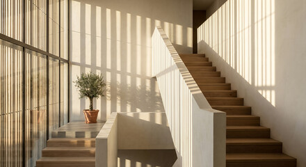 Naklejka premium A modern staircase with wooden steps and a white railing is bathed in the warm, striped sunlight filtering through vertical blinds. 