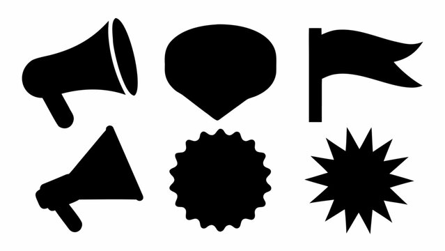 Collection of black vector icons representing promotion marketing and communication elements including megaphones speech bubbles and flags on a clean white background ideal