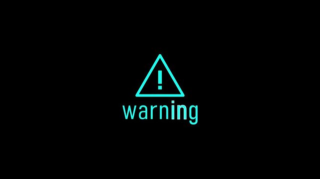 Warning caution triangle sign isolated on black background with glowing cyan edges and text warning