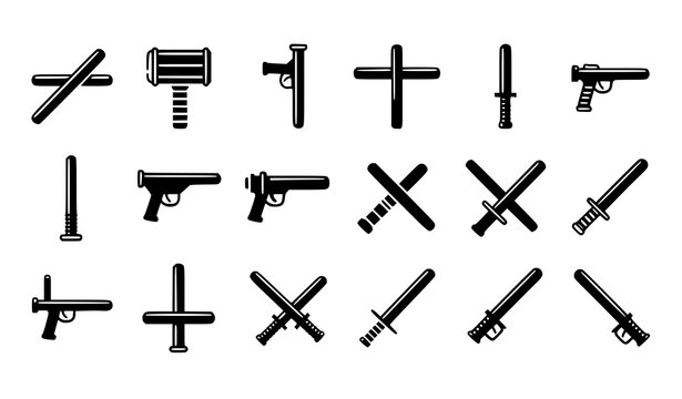 Police baton icon set with black nightstick and truncheon silhouettes in flat vector style