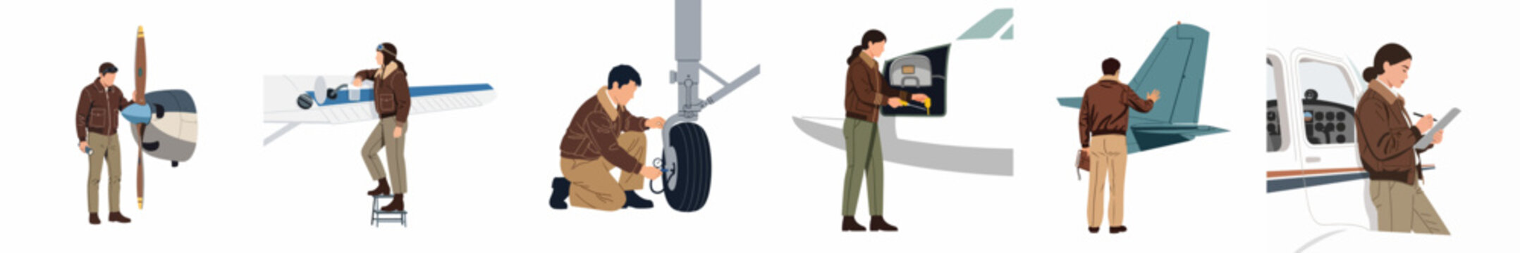Illustrations of male and female pilots performing pre-flight safety checks and maintenance on small light aircraft in flat design style.